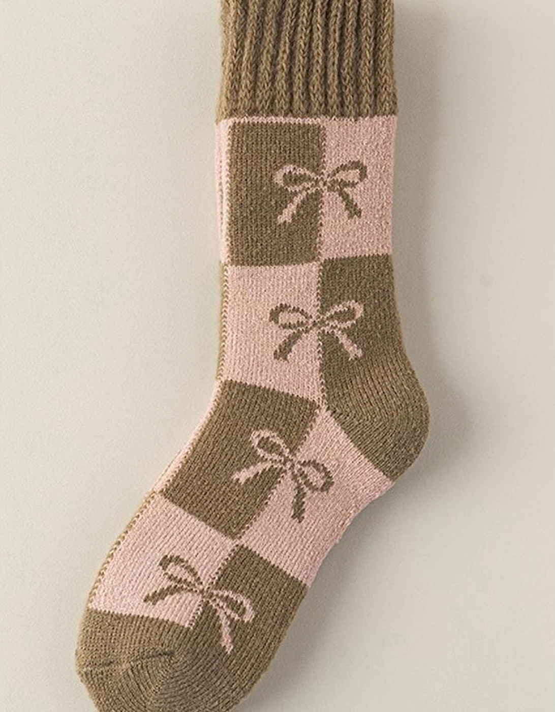 Sage Green Checkered Bowknot Printed Thermal Mid Calf Socks