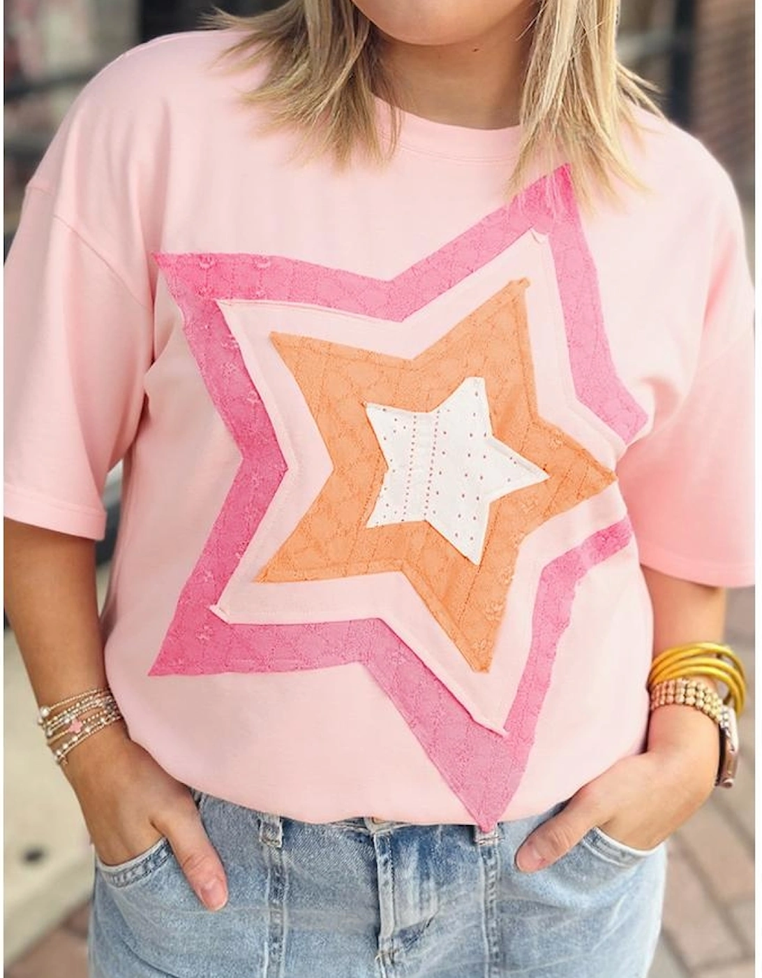Light Pink Eyelet Lace Star Applique Plus Size T Shirt