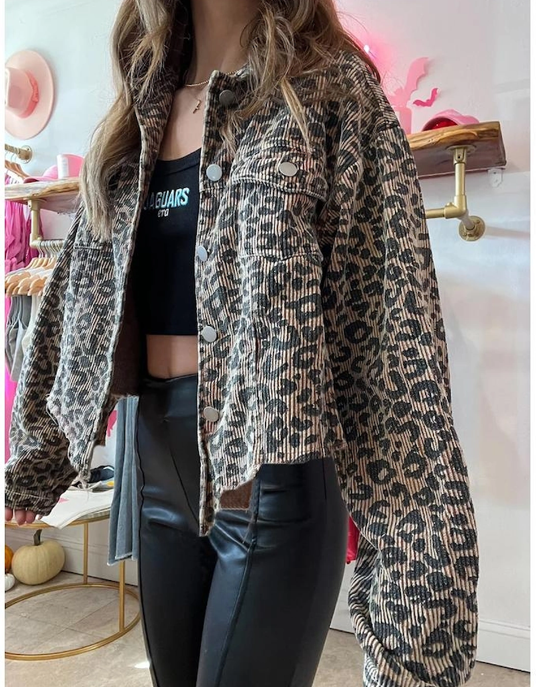 Dark Khaki Leopard Print Corduroy Irregular Hem Buttoned Jacket, 14 of 13
