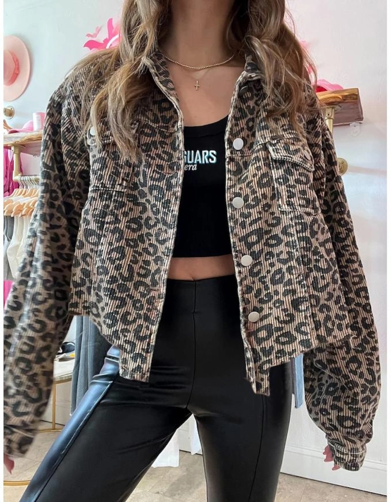 Dark Khaki Leopard Print Corduroy Irregular Hem Buttoned Jacket
