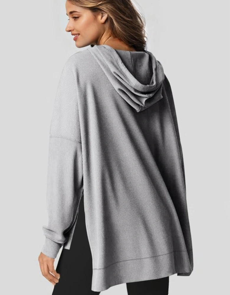 Gray Waffle Knit Fleece Lined High Low Oversized Hoodie