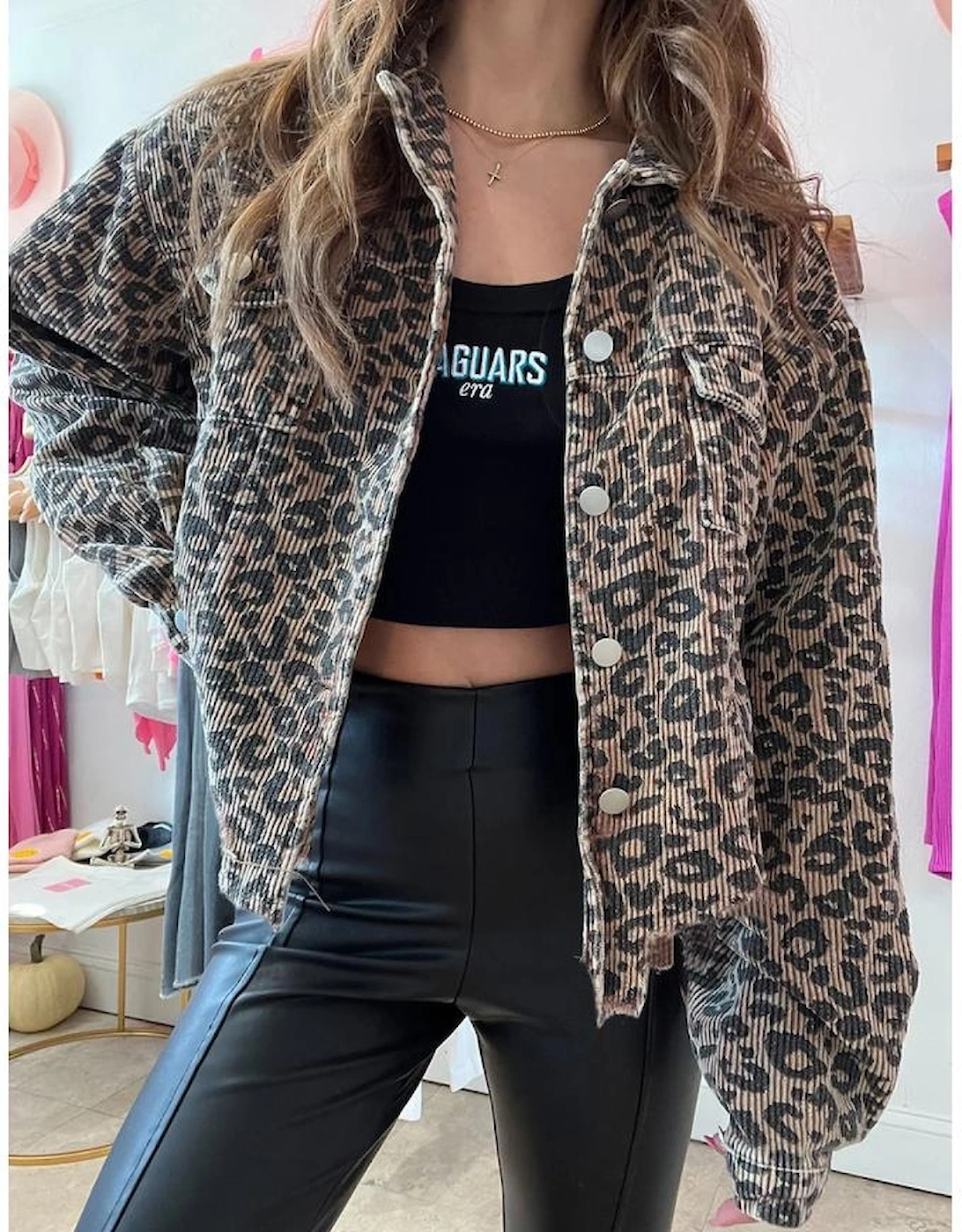 Dark Khaki Leopard Print Corduroy Irregular Hem Buttoned Jacket
