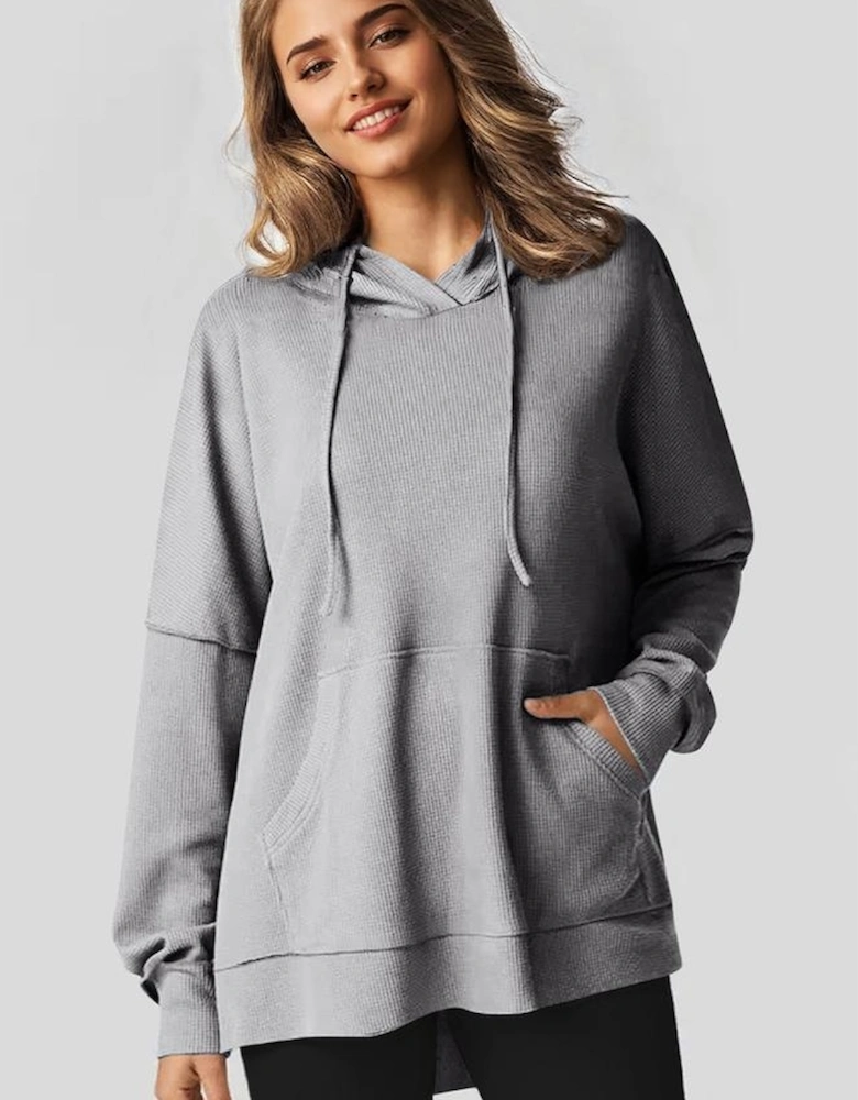 Gray Waffle Knit Fleece Lined High Low Oversized Hoodie