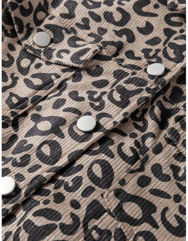 Dark Khaki Leopard Print Corduroy Irregular Hem Buttoned Jacket