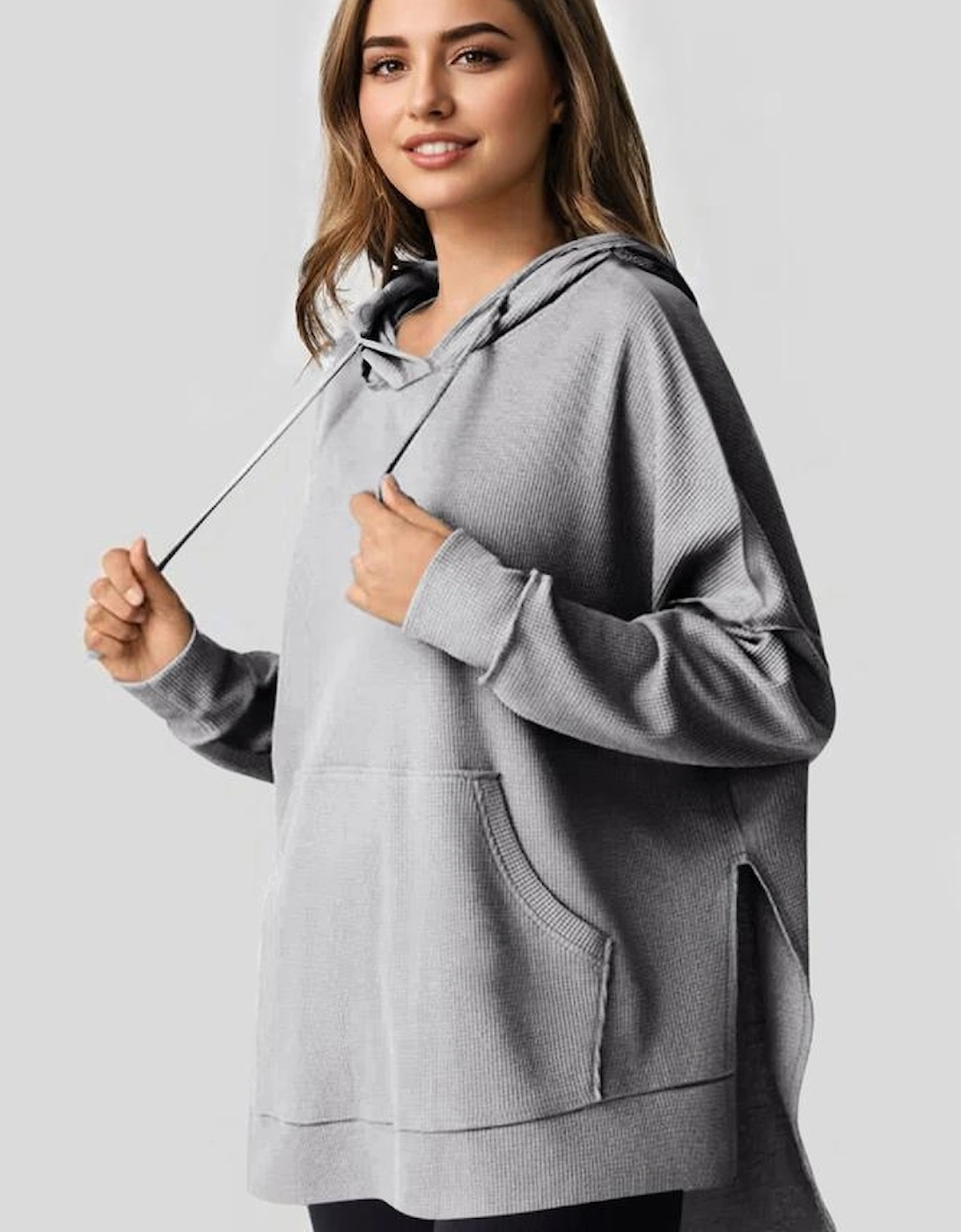 Gray Waffle Knit Fleece Lined High Low Oversized Hoodie