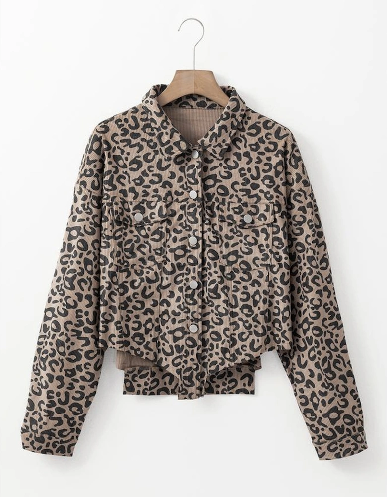 Dark Khaki Leopard Print Corduroy Irregular Hem Buttoned Jacket