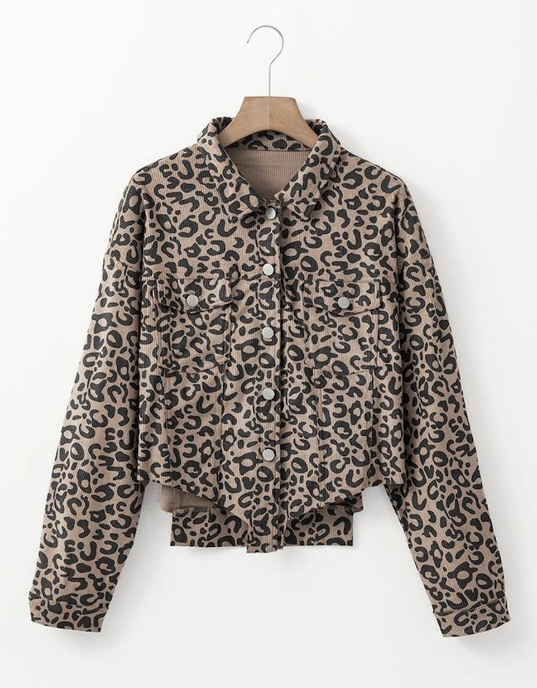 Dark Khaki Leopard Print Corduroy Irregular Hem Buttoned Jacket
