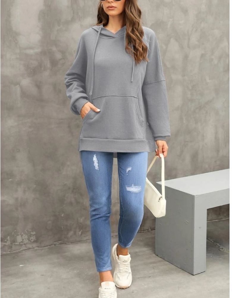 Gray Waffle Knit Fleece Lined High Low Oversized Hoodie
