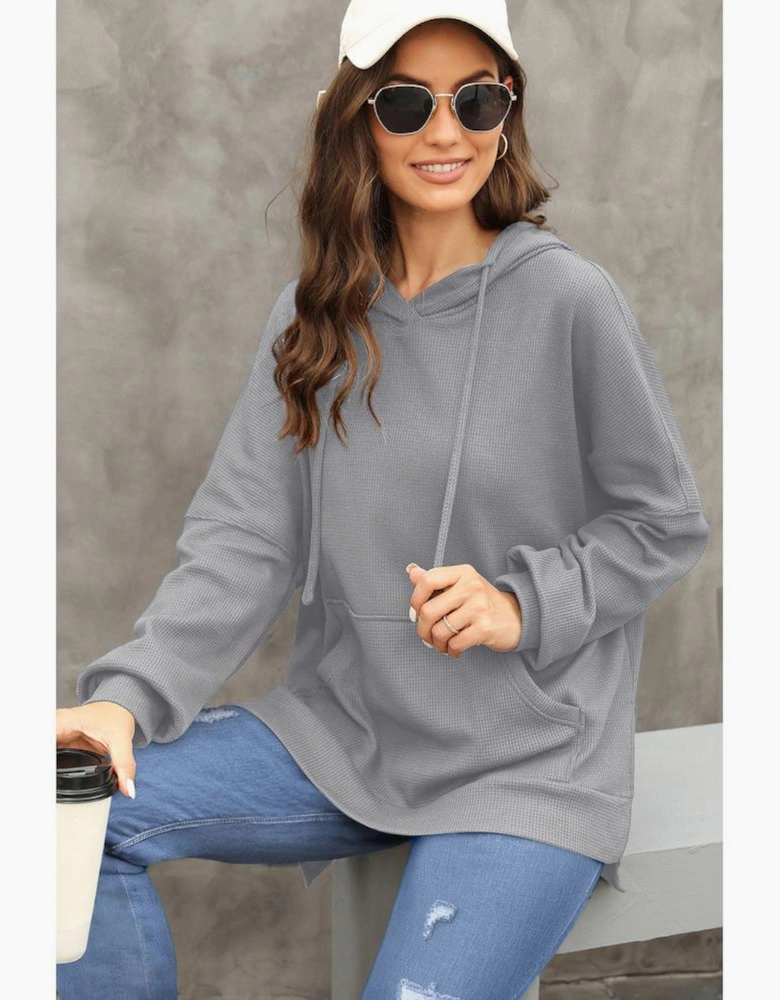 Gray Waffle Knit Fleece Lined High Low Oversized Hoodie