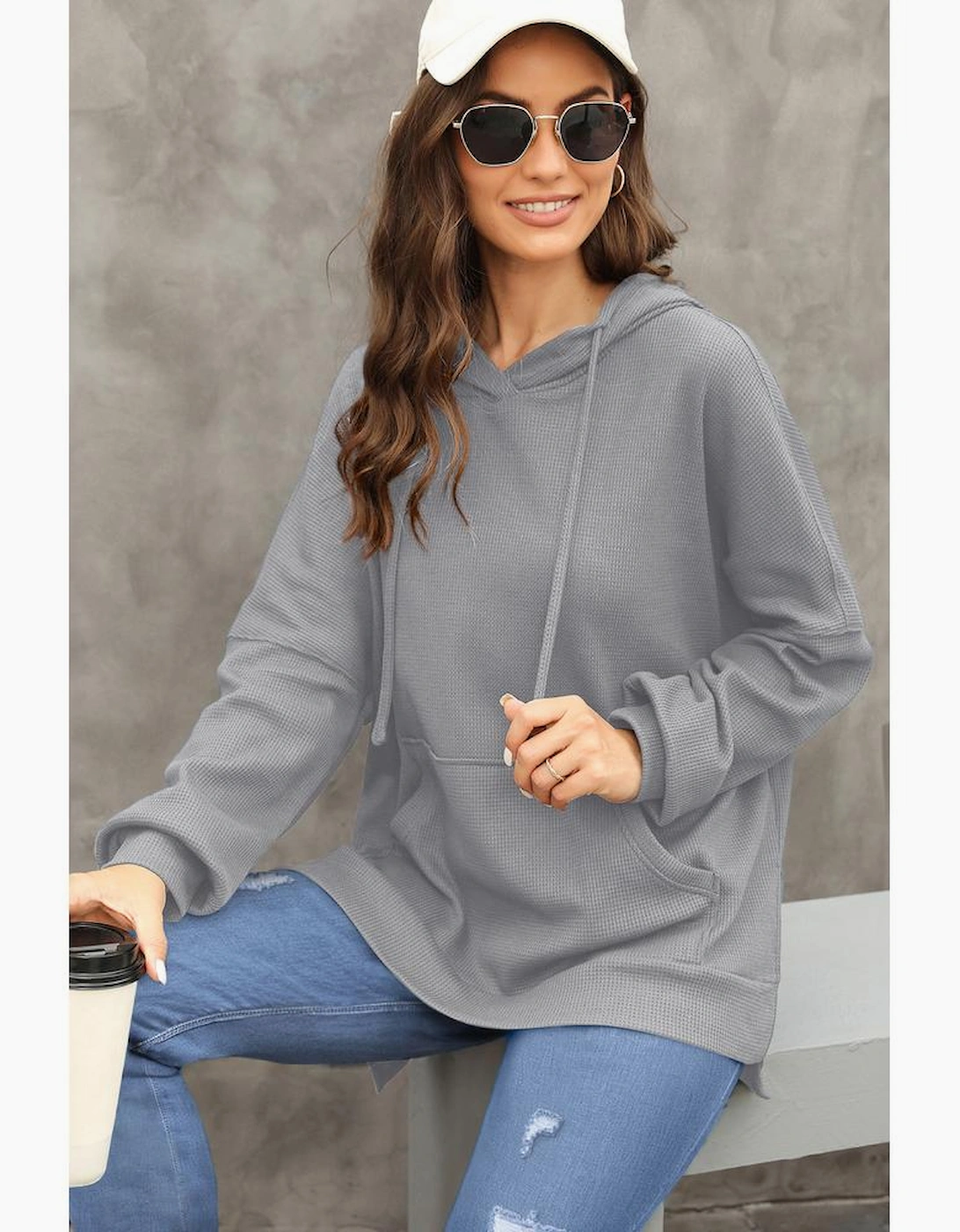 Gray Waffle Knit Fleece Lined High Low Oversized Hoodie