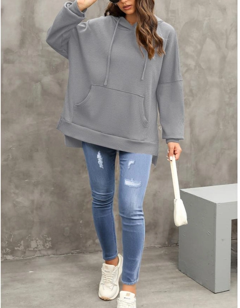 Gray Waffle Knit Fleece Lined High Low Oversized Hoodie