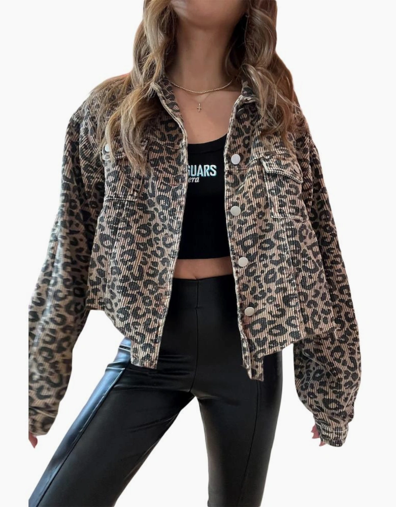 Dark Khaki Leopard Print Corduroy Irregular Hem Buttoned Jacket