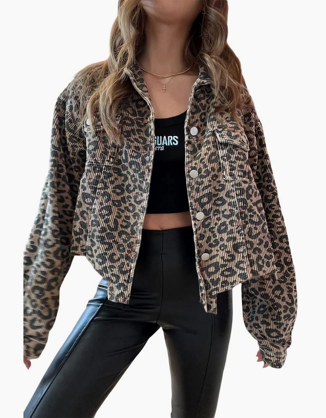 Dark Khaki Leopard Print Corduroy Irregular Hem Buttoned Jacket