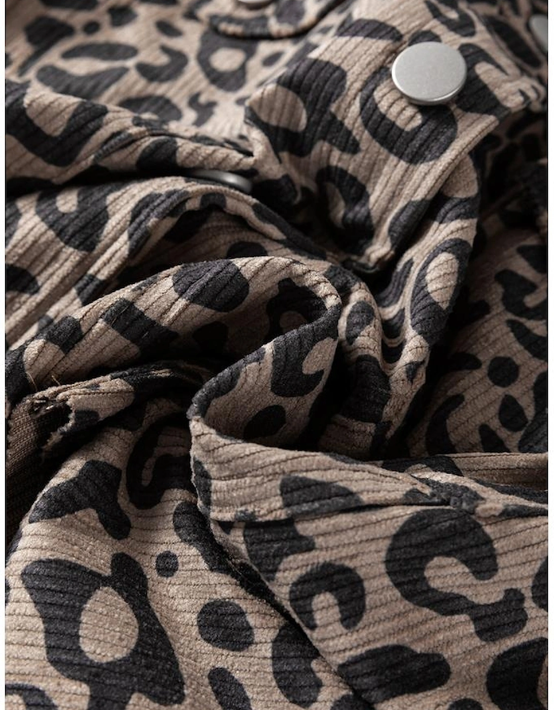 Dark Khaki Leopard Print Corduroy Irregular Hem Buttoned Jacket