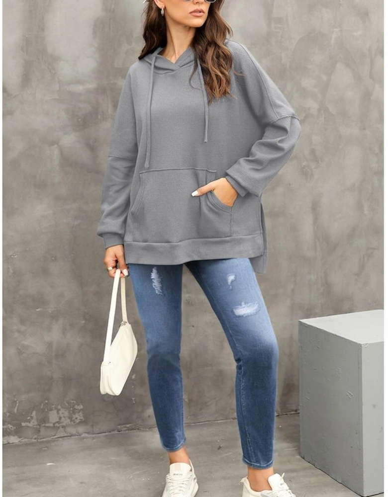Gray Waffle Knit Fleece Lined High Low Oversized Hoodie