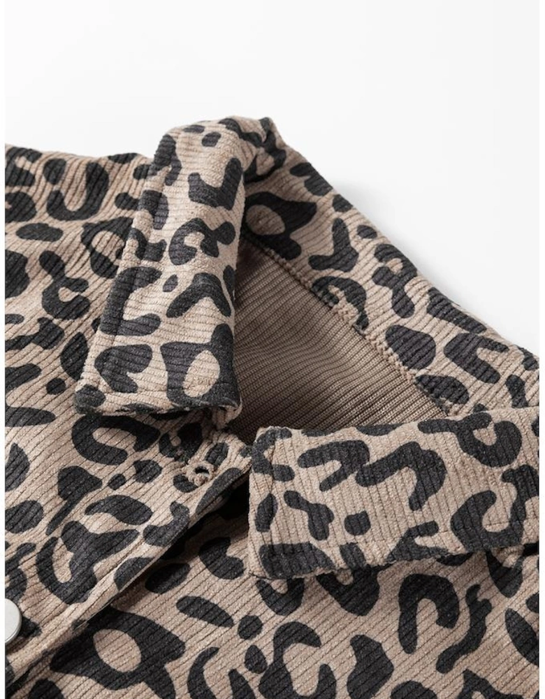 Dark Khaki Leopard Print Corduroy Irregular Hem Buttoned Jacket