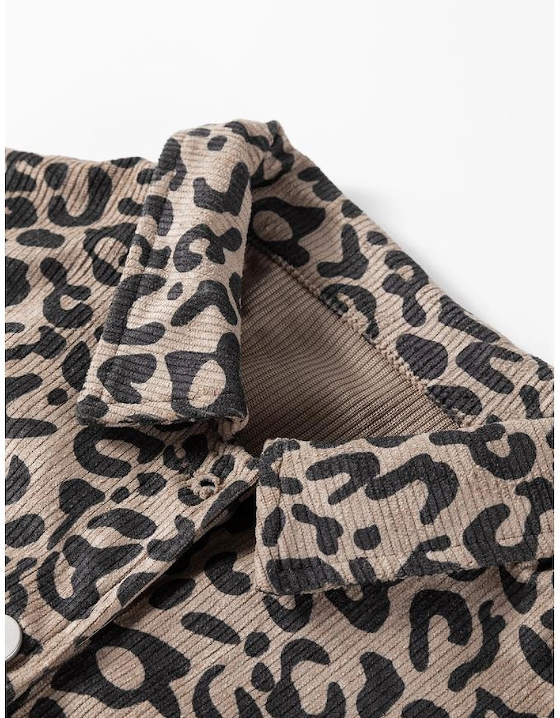 Dark Khaki Leopard Print Corduroy Irregular Hem Buttoned Jacket