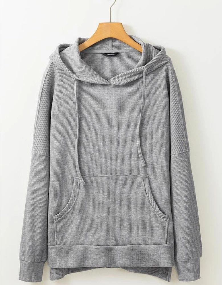 Gray Waffle Knit Fleece Lined High Low Oversized Hoodie