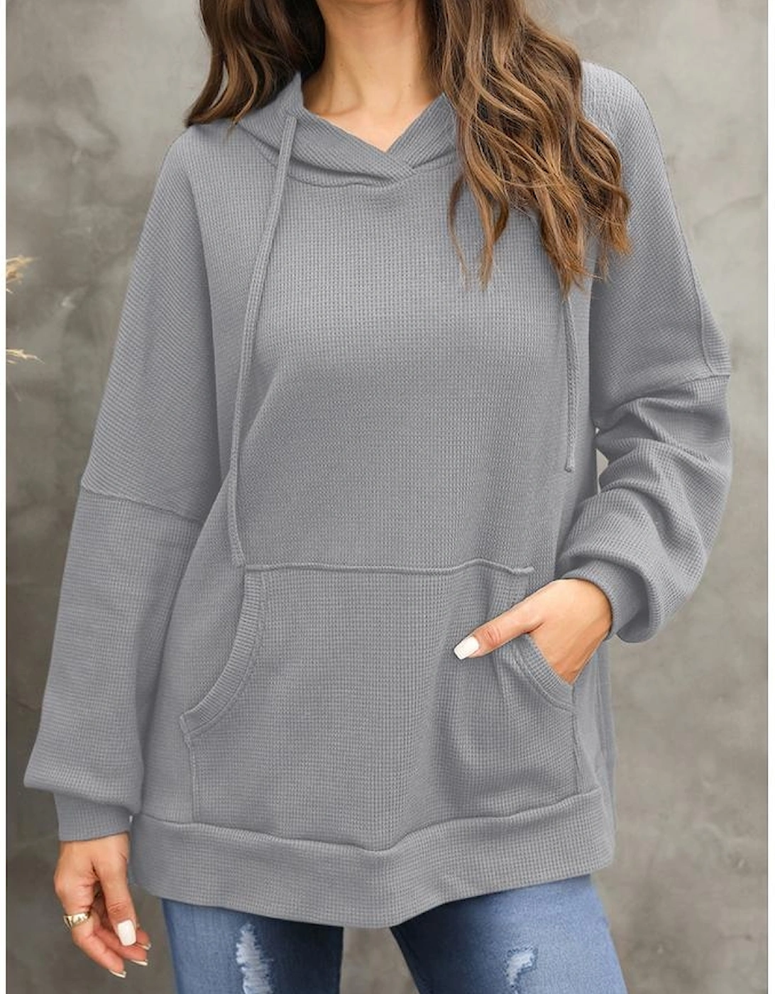 Gray Waffle Knit Fleece Lined High Low Oversized Hoodie