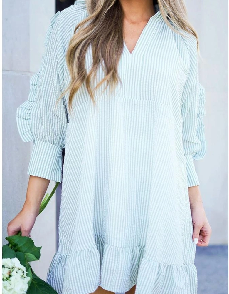 Myosotis Seersucker Ruffled Puff Sleeve Stand Neck Mini Dress
