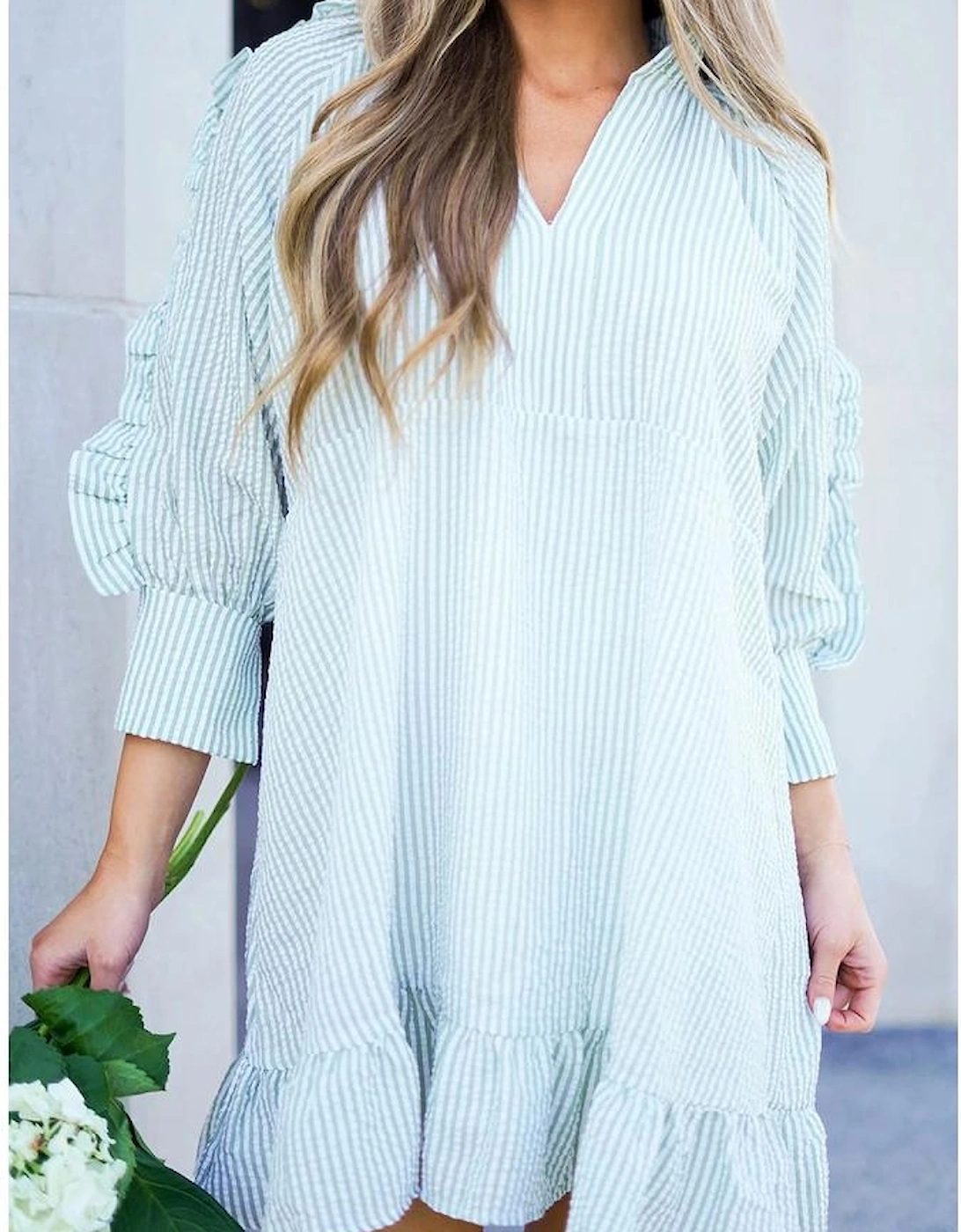 Myosotis Seersucker Ruffled Puff Sleeve Stand Neck Mini Dress