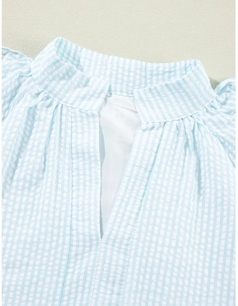 Myosotis Seersucker Ruffled Puff Sleeve Stand Neck Mini Dress