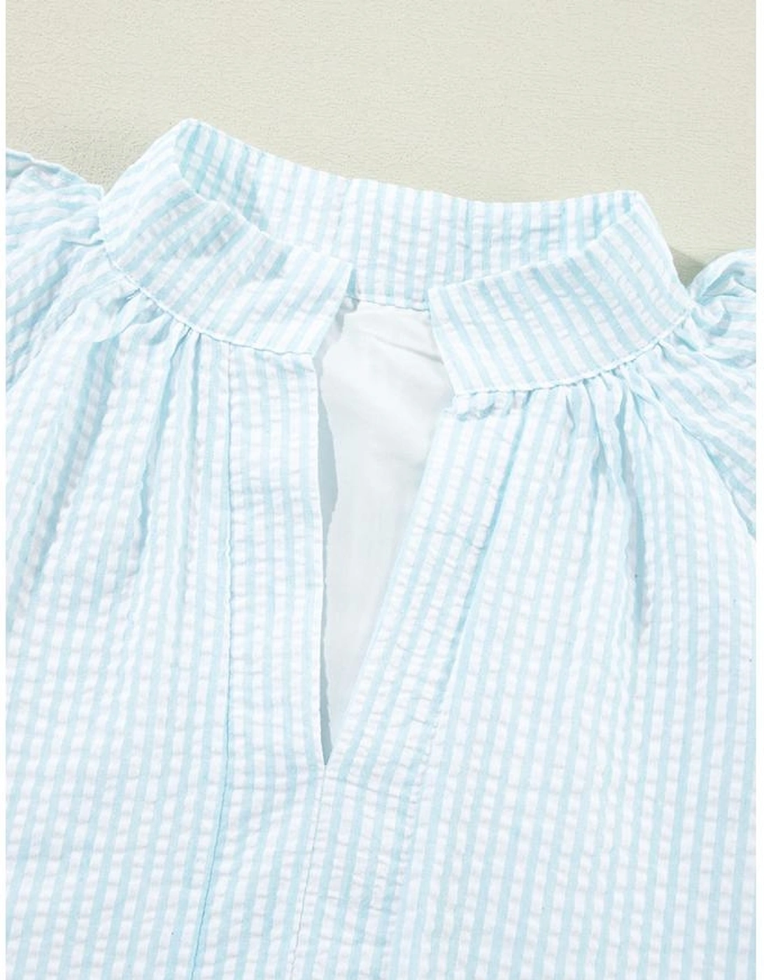 Myosotis Seersucker Ruffled Puff Sleeve Stand Neck Mini Dress