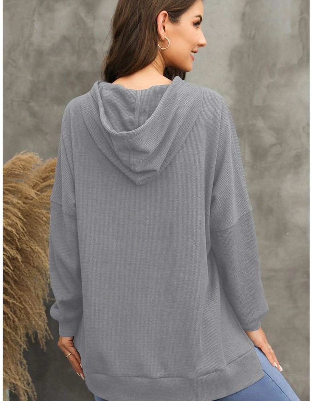 Gray Waffle Knit Fleece Lined High Low Oversized Hoodie