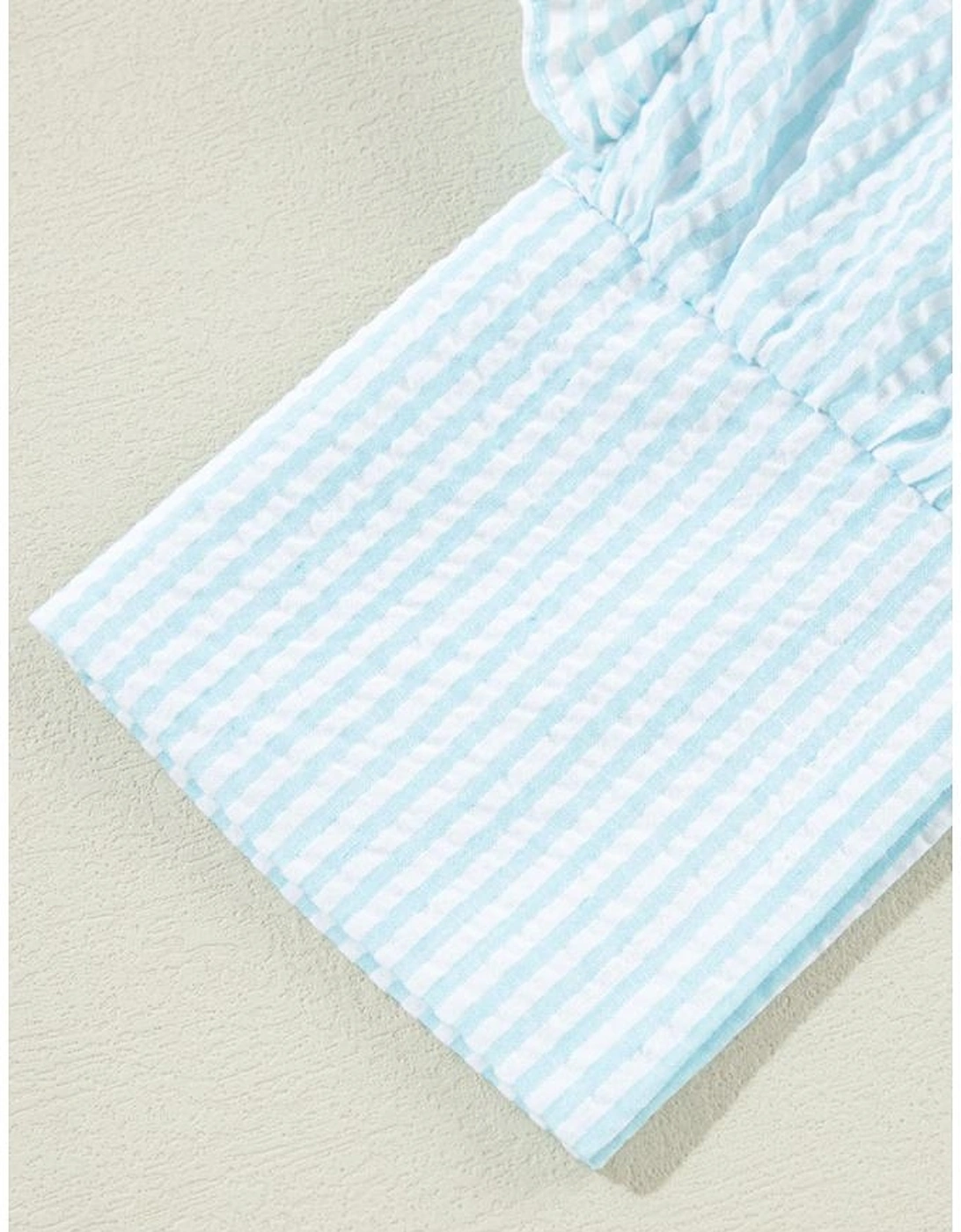 Myosotis Seersucker Ruffled Puff Sleeve Stand Neck Mini Dress