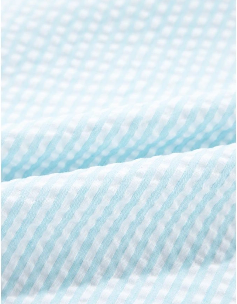 Myosotis Seersucker Ruffled Puff Sleeve Stand Neck Mini Dress