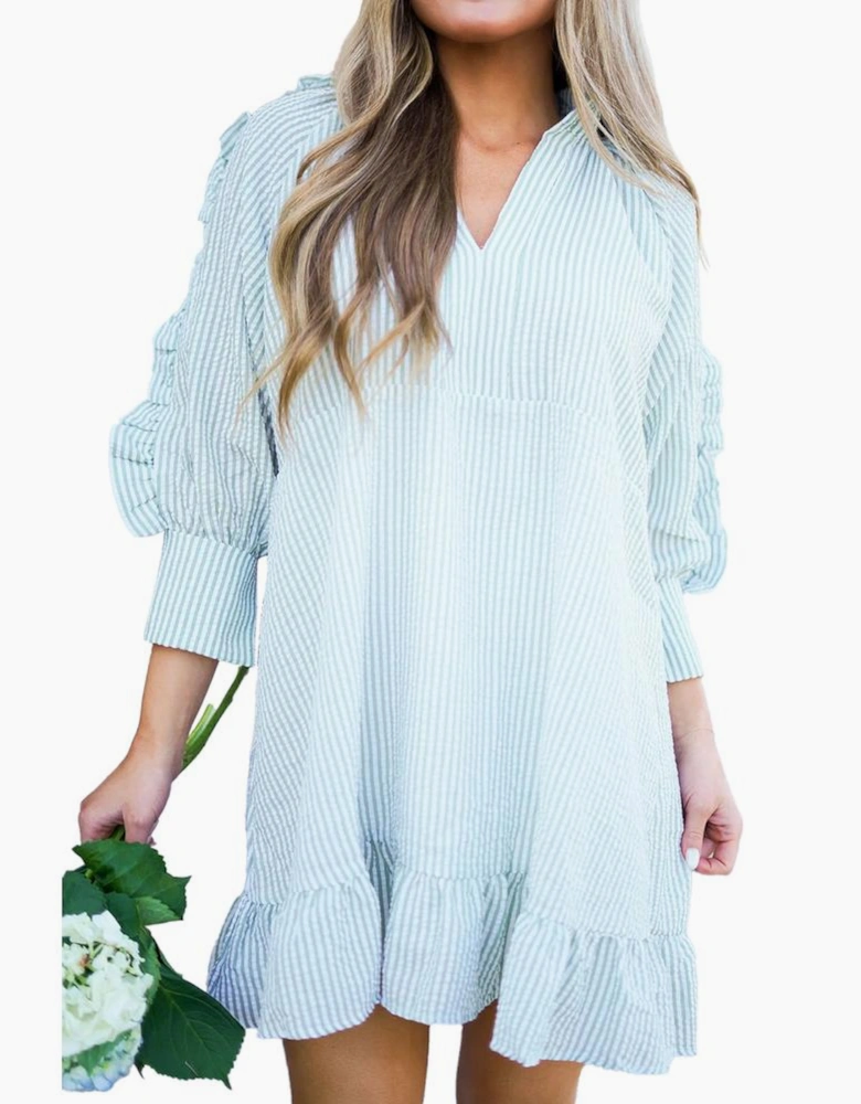 Myosotis Seersucker Ruffled Puff Sleeve Stand Neck Mini Dress