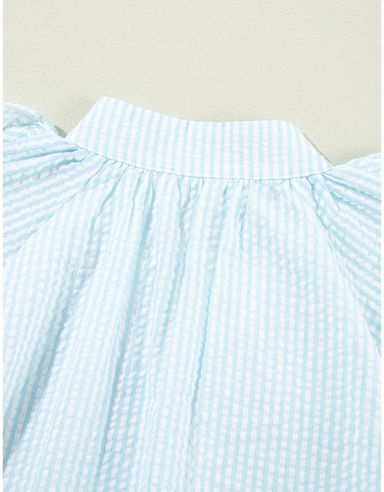 Myosotis Seersucker Ruffled Puff Sleeve Stand Neck Mini Dress