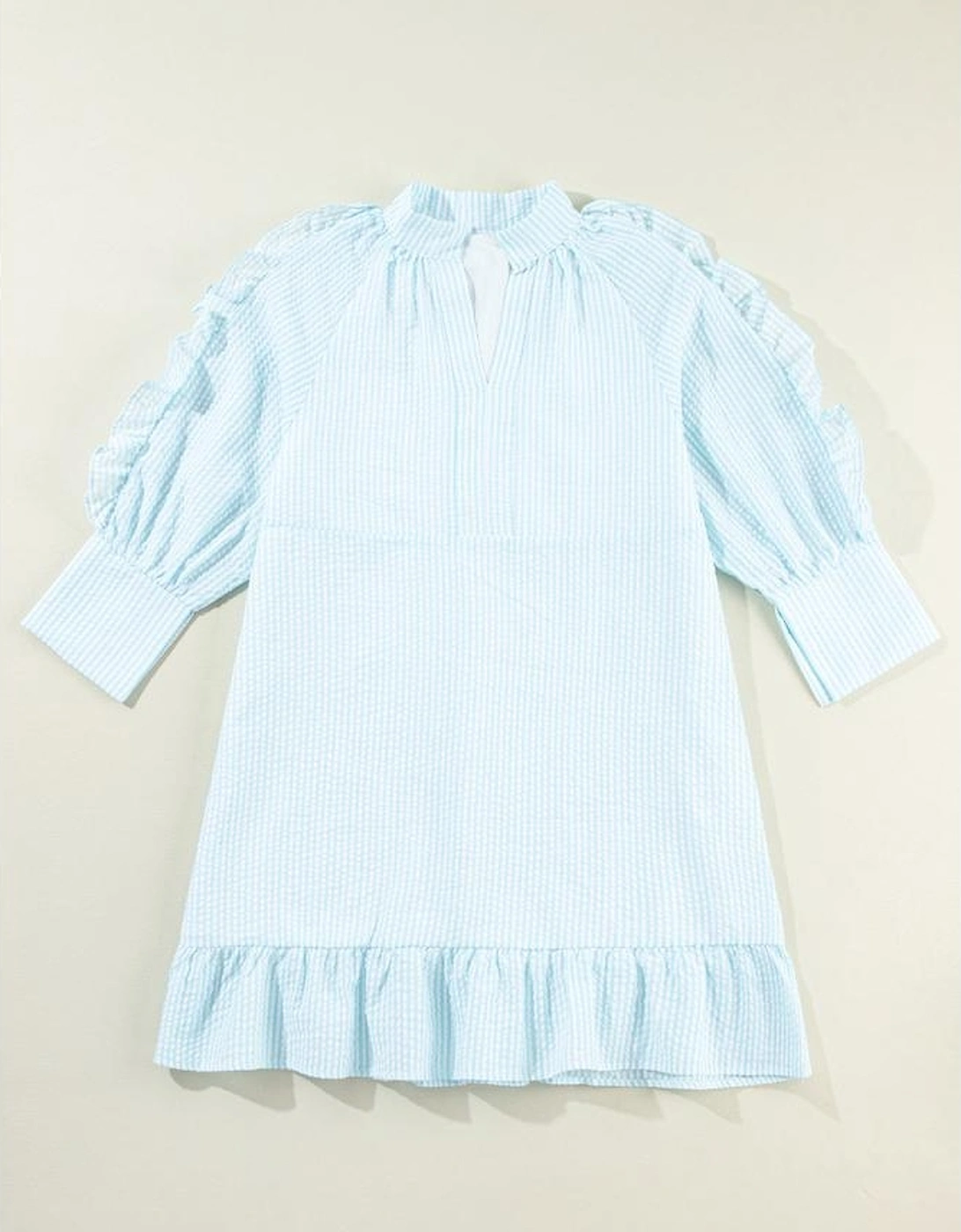 Myosotis Seersucker Ruffled Puff Sleeve Stand Neck Mini Dress