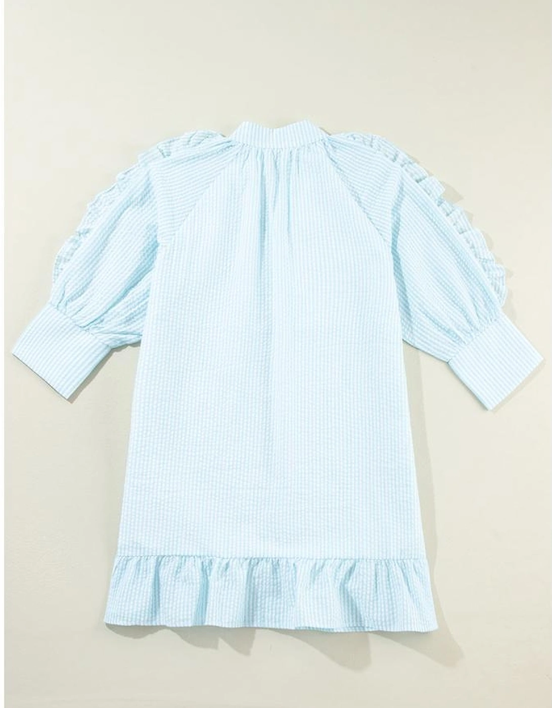Myosotis Seersucker Ruffled Puff Sleeve Stand Neck Mini Dress