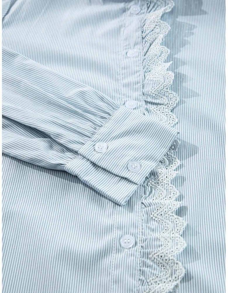 Sky Blue Stripe Frilled Trim Button Up Long Sleeve Shirt