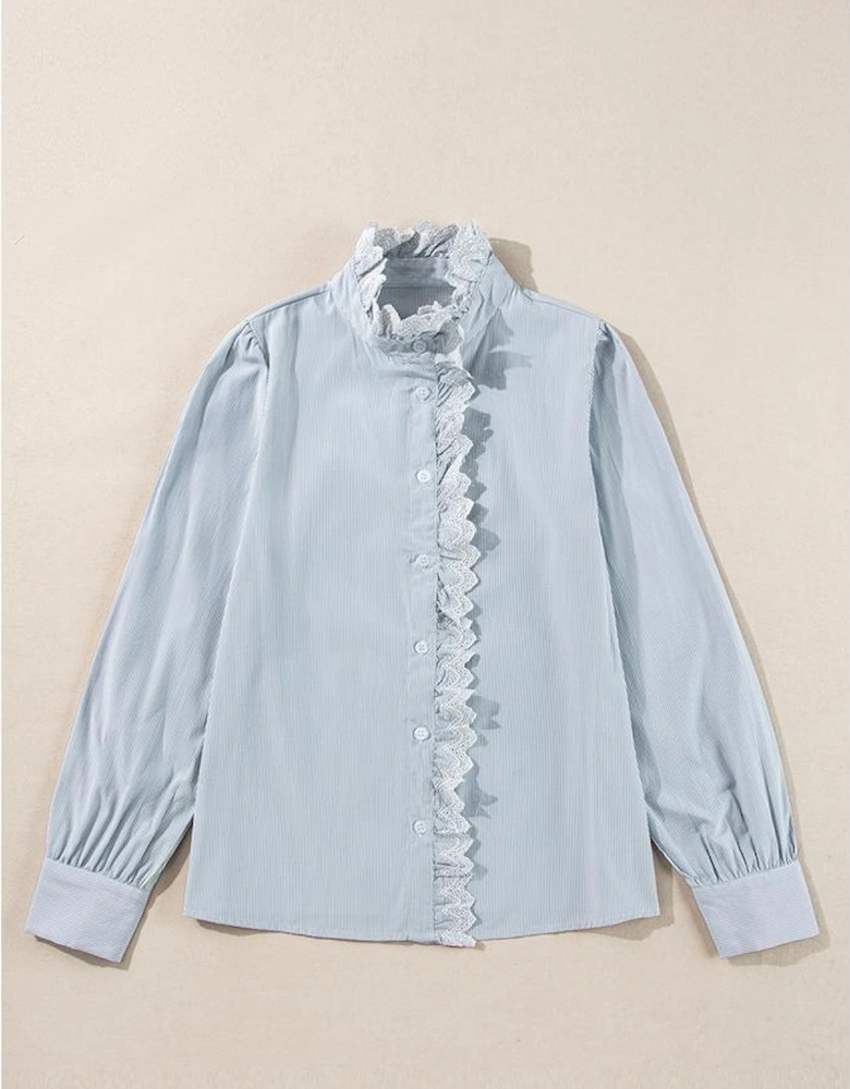 Sky Blue Stripe Frilled Trim Button Up Long Sleeve Shirt