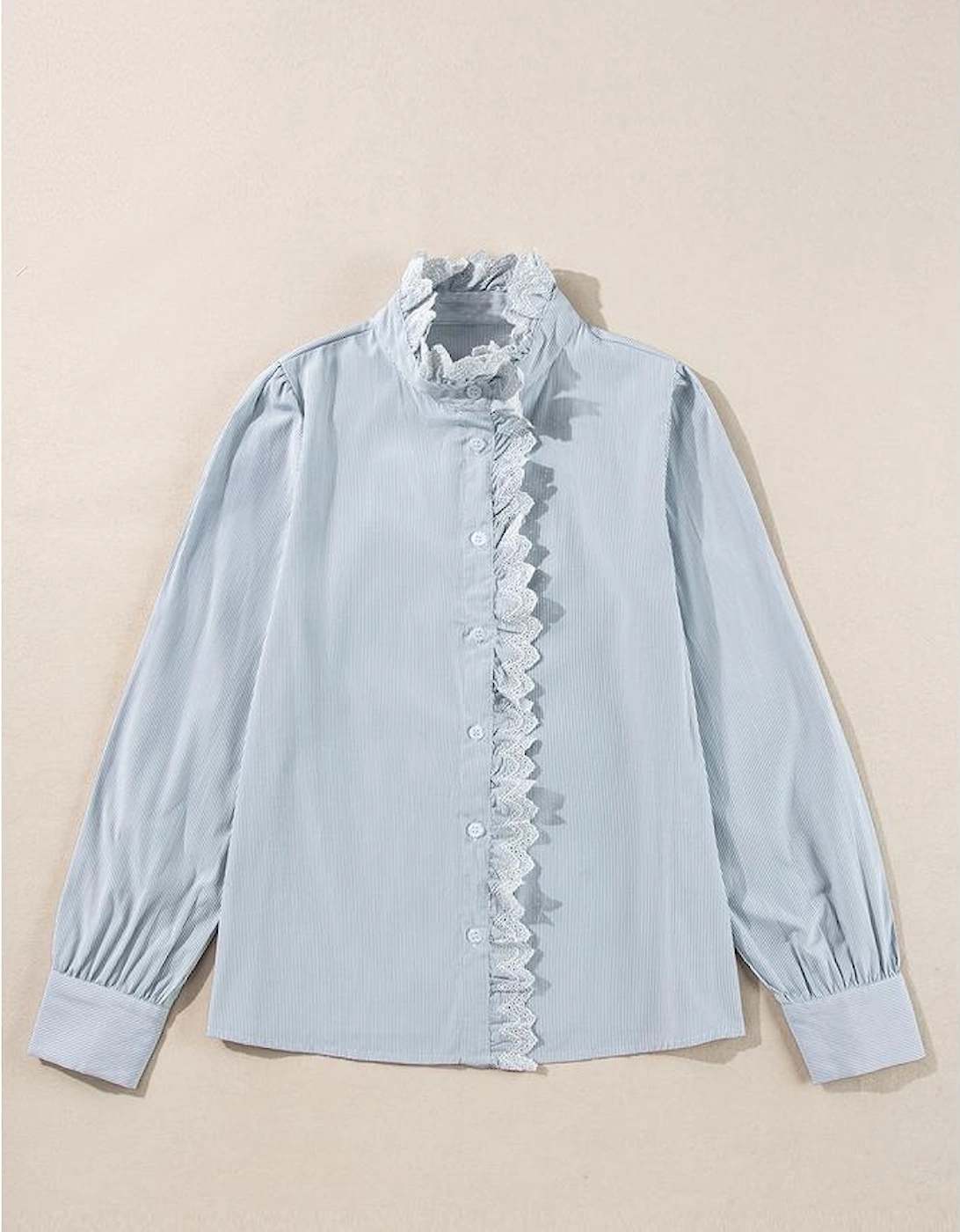 Sky Blue Stripe Frilled Trim Button Up Long Sleeve Shirt