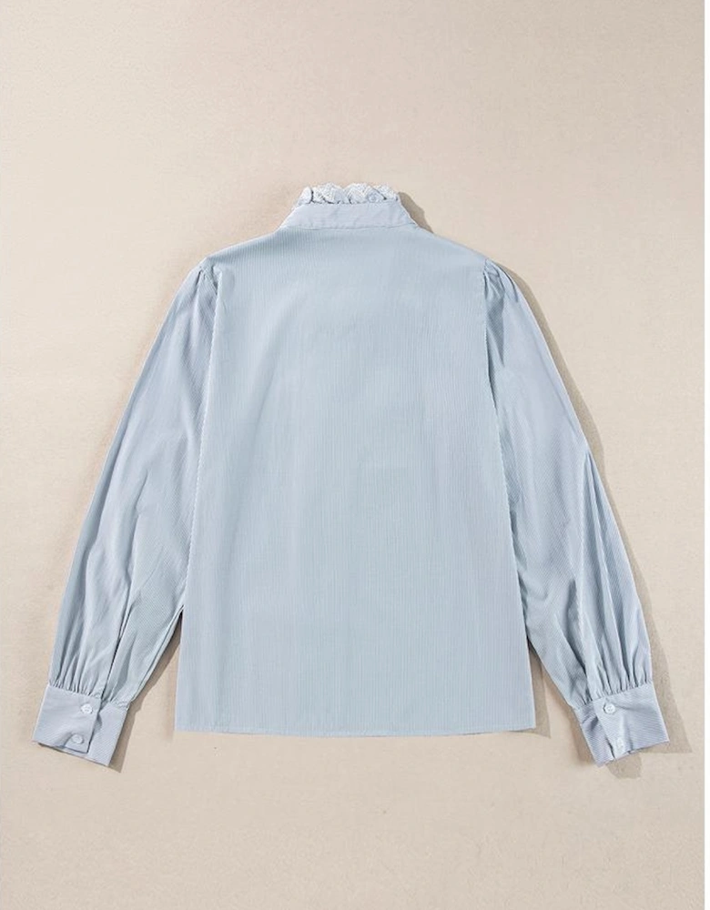 Sky Blue Stripe Frilled Trim Button Up Long Sleeve Shirt