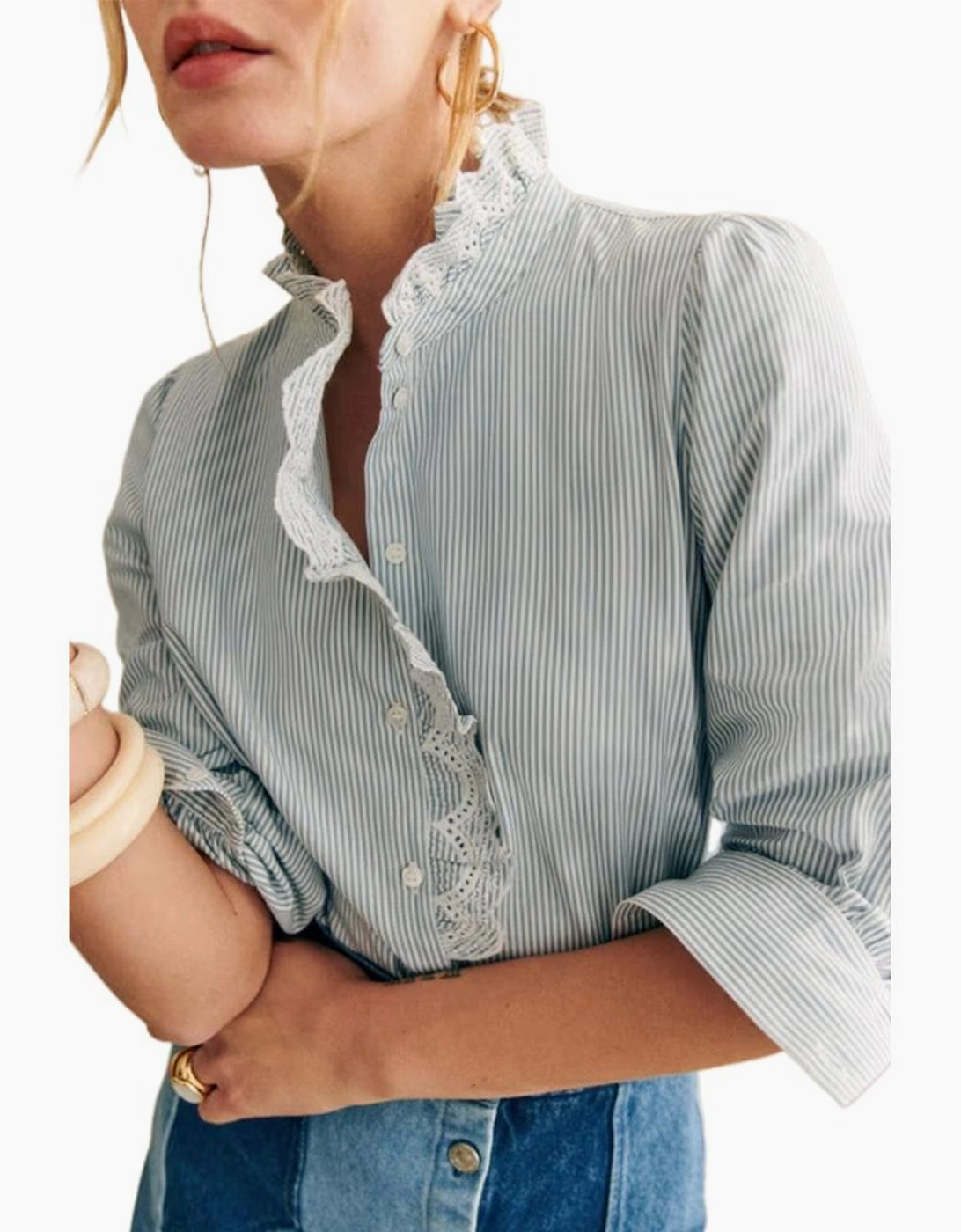 Sky Blue Stripe Frilled Trim Button Up Long Sleeve Shirt