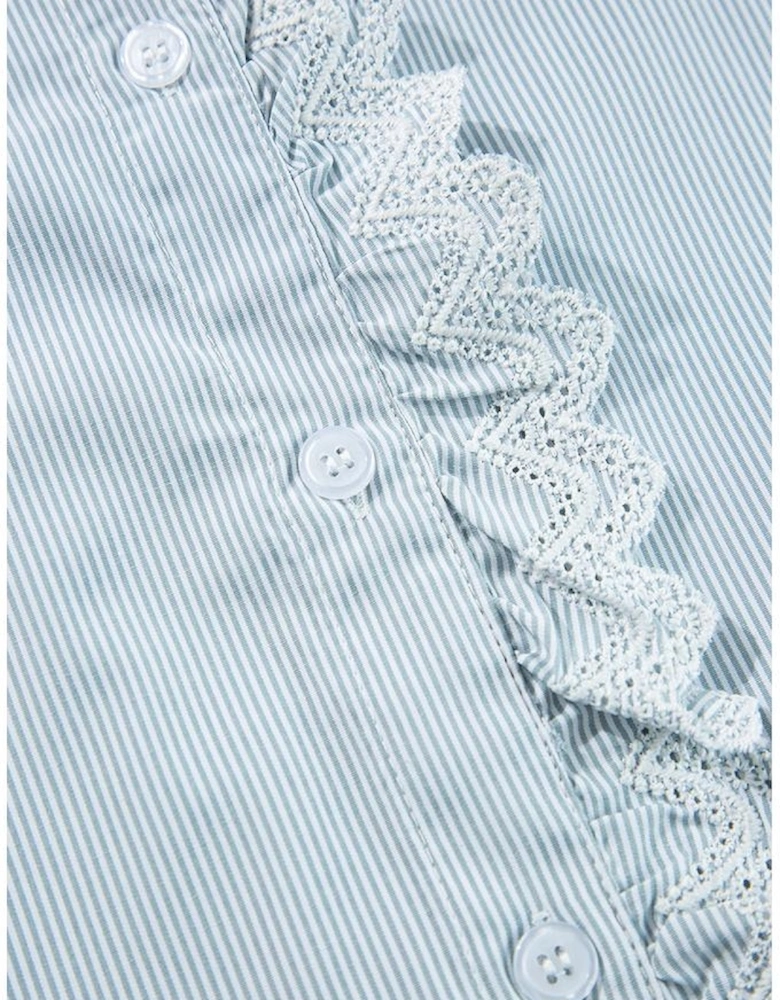 Sky Blue Stripe Frilled Trim Button Up Long Sleeve Shirt