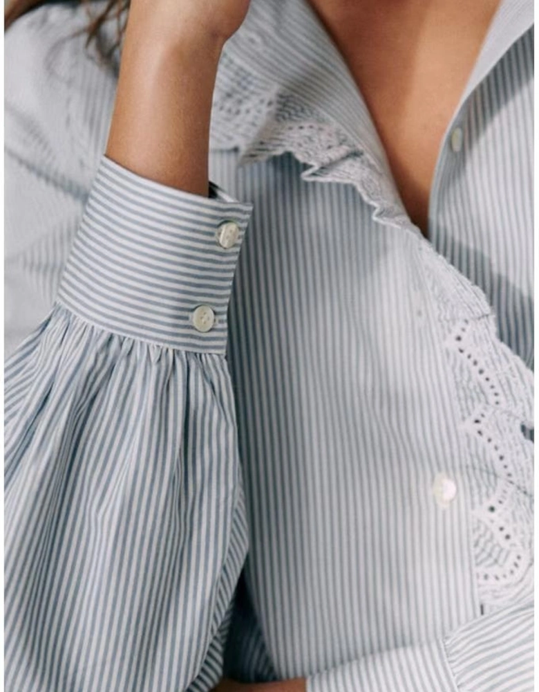 Sky Blue Stripe Frilled Trim Button Up Long Sleeve Shirt