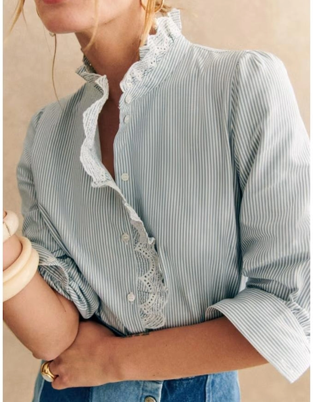 Sky Blue Stripe Frilled Trim Button Up Long Sleeve Shirt