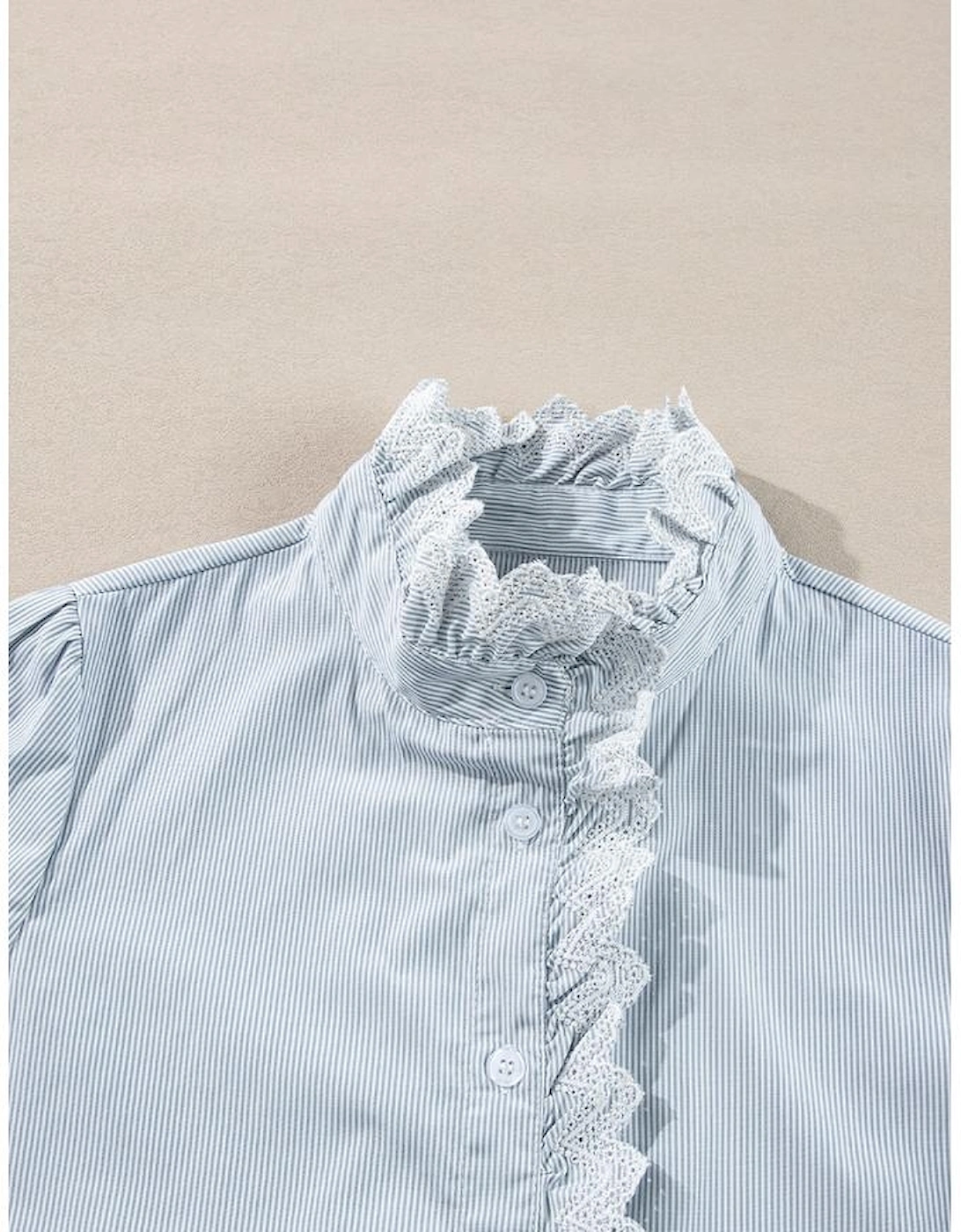 Sky Blue Stripe Frilled Trim Button Up Long Sleeve Shirt