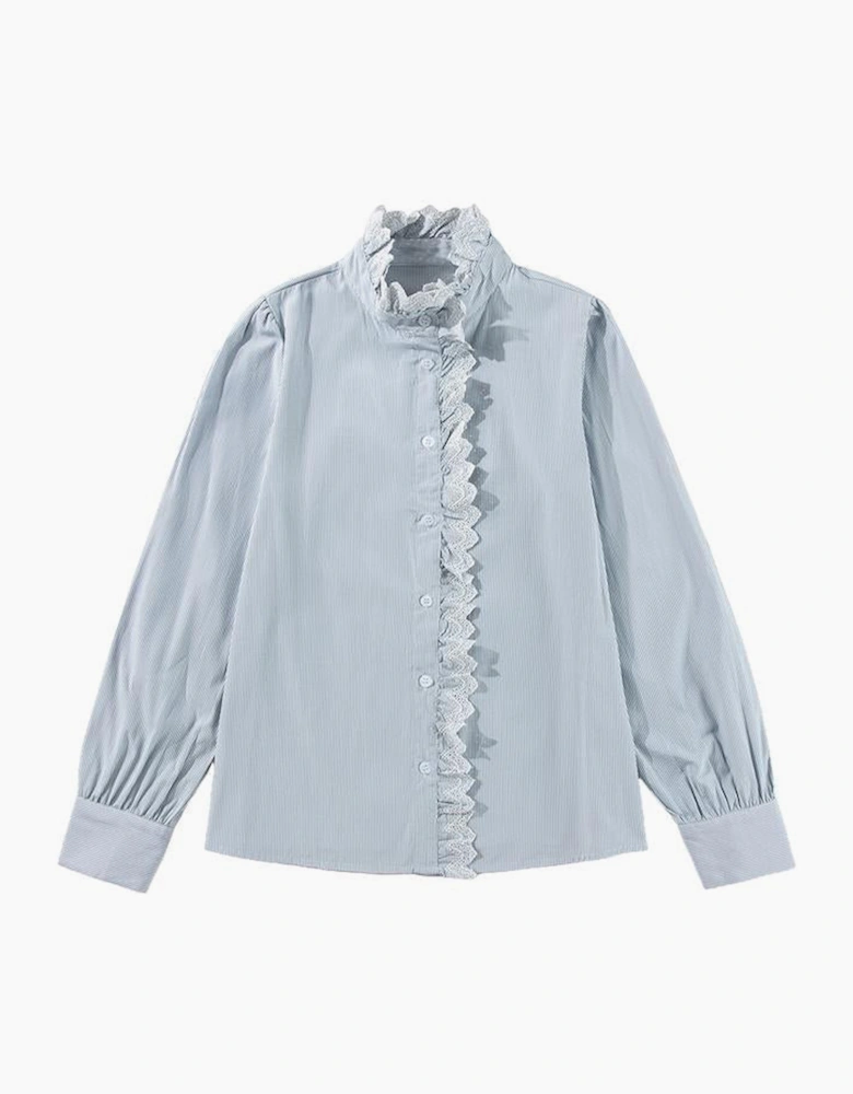 Sky Blue Stripe Frilled Trim Button Up Long Sleeve Shirt
