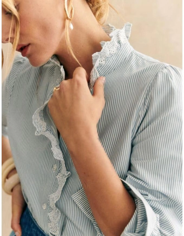 Sky Blue Stripe Frilled Trim Button Up Long Sleeve Shirt