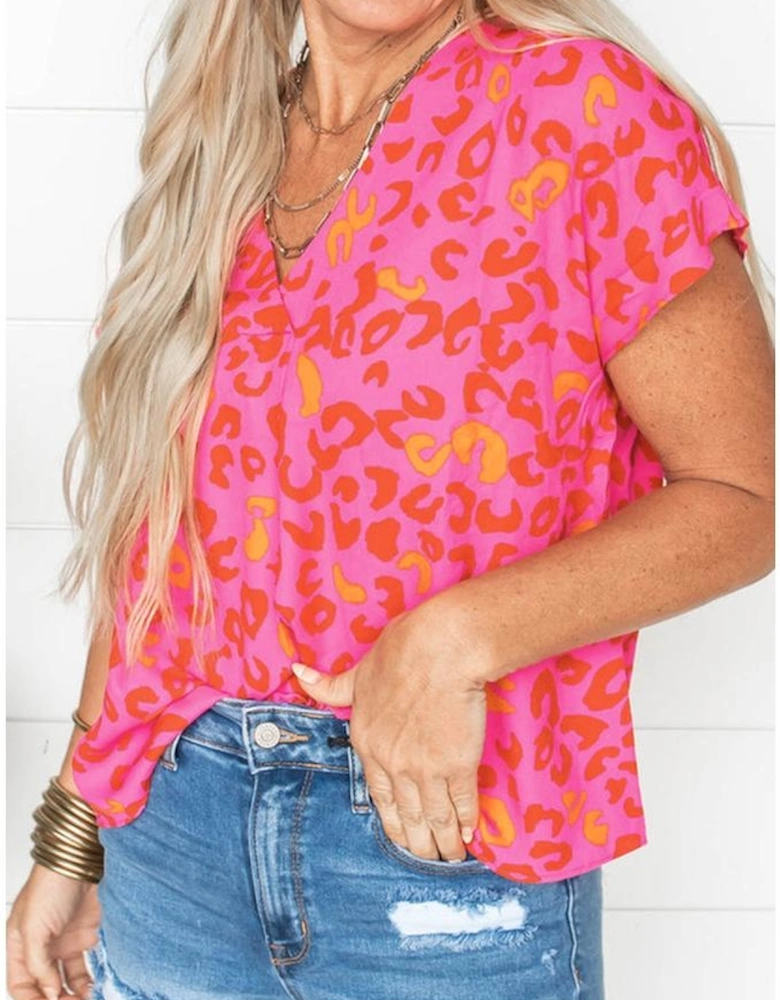 Pink Leopard V Neck Short Sleeve Blouse