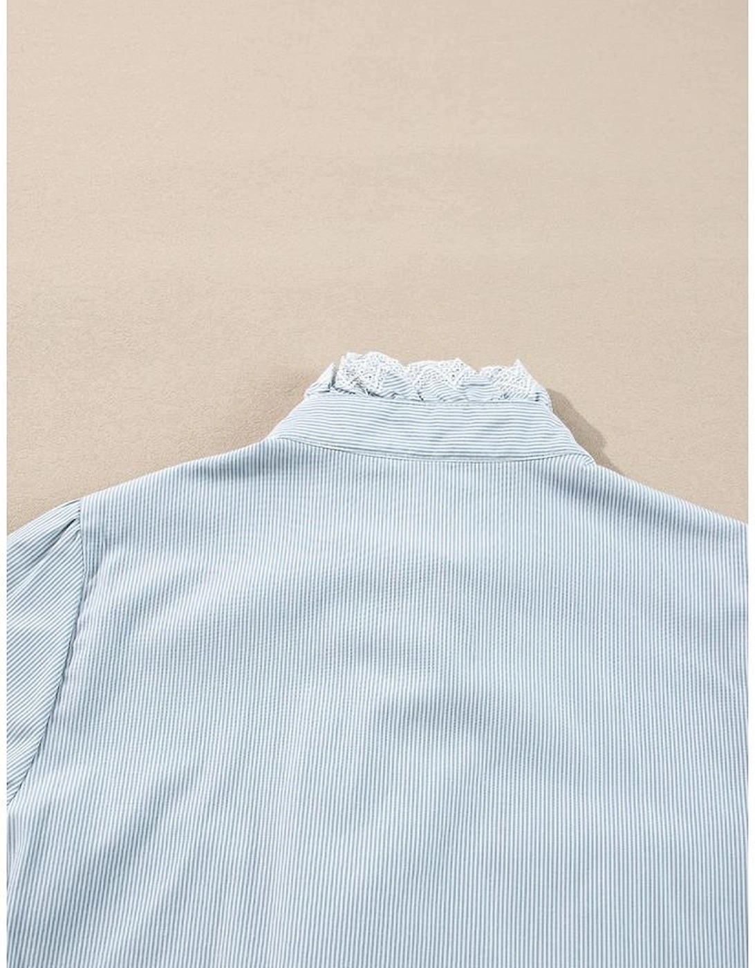 Sky Blue Stripe Frilled Trim Button Up Long Sleeve Shirt, 14 of 13