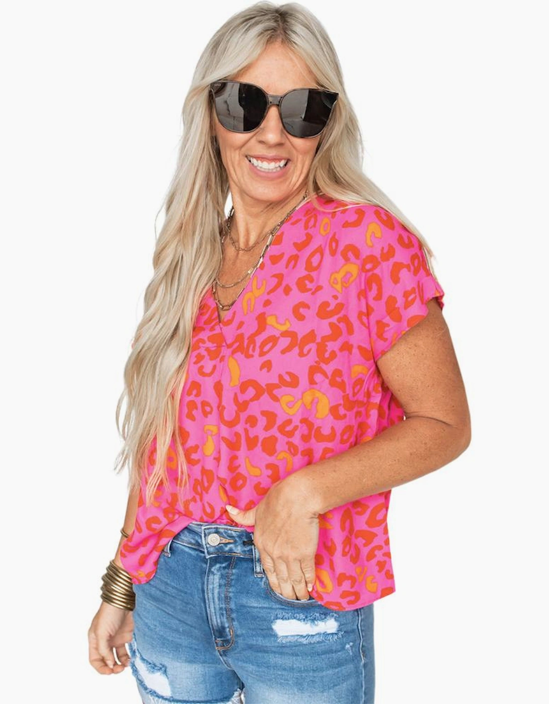 Pink Leopard V Neck Short Sleeve Blouse, 6 of 5