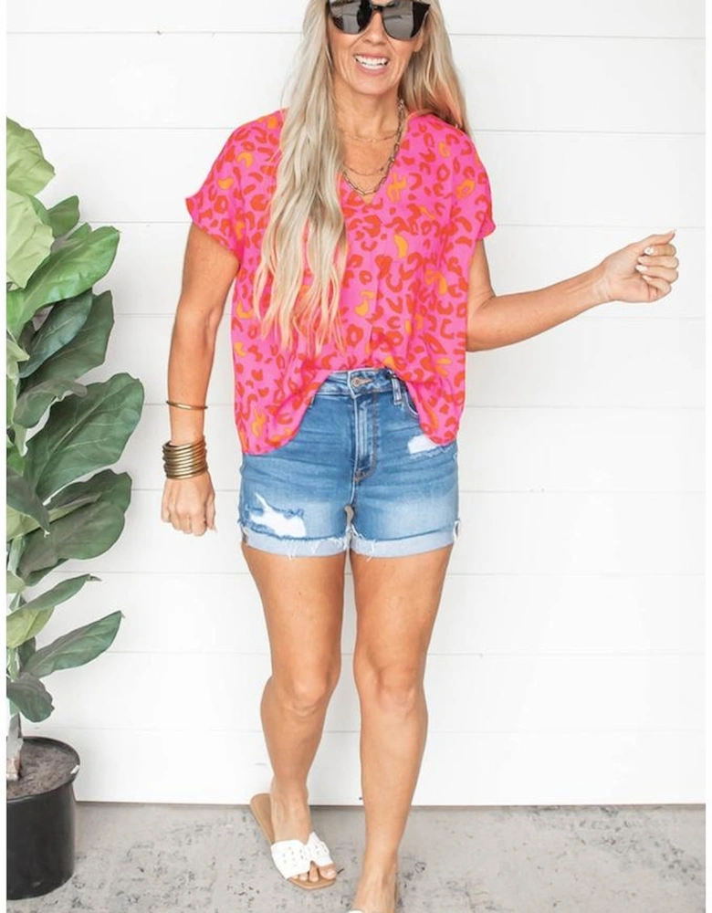 Pink Leopard V Neck Short Sleeve Blouse