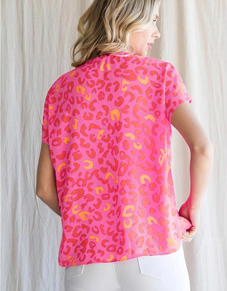 Pink Leopard V Neck Short Sleeve Blouse